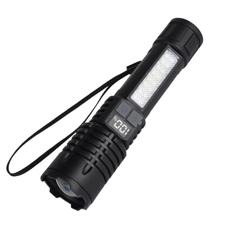 Portable Rechargeable High Power LED Flashlights with Display Screen Zoom Tactical Torch Lamp with Emergency Side Lights Lantern