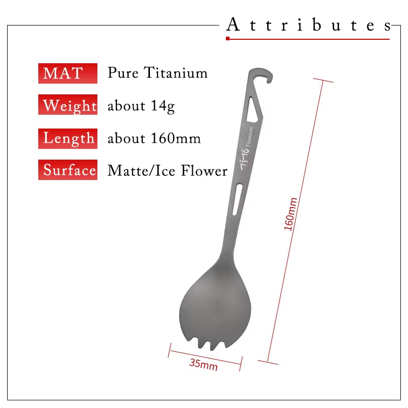 Tito Ice Flower Surface Outdoor Spork Titanium Camping Flatware Pure Titanium Spoon Fork with Bottle Opener Travel Backpacking
