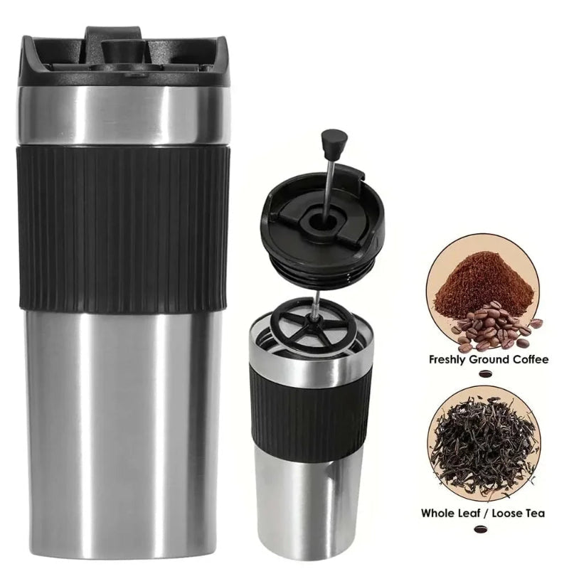 Portable Coffee Maker French Press Insulated Mug with Double Walled Insulated Vacuum Coffee Tea Thermos Mug for Travel Outdoor