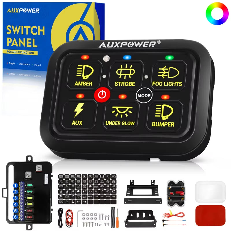 RGB 6 Gang Switch Panel 12V 24V LED Background Light On-Off Switch Controller for Car ATV Boat (Without App)