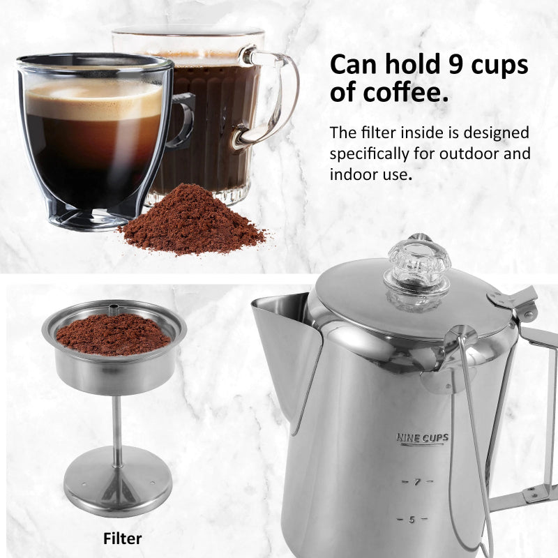 Stainless Steel Distillation and Extraction Coffee Pot Outdoor Camp Stovetop Coffee Maker with Filter Basket Clear Glass Knob