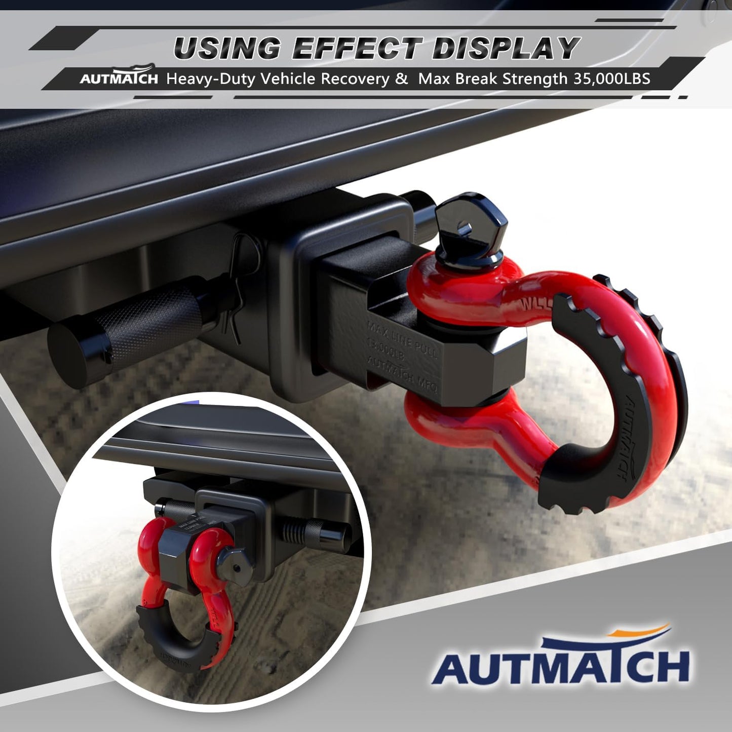 Shackle Hitch Receiver 2 Inch - 3/4" D Ring Shackle and 5/8" Trailer Hitch Lock Pin, 45,000 Lbs Break Strength Heavy Duty Receiver Towing Kit for Off-Road Vehicle Recovery, Black & Red