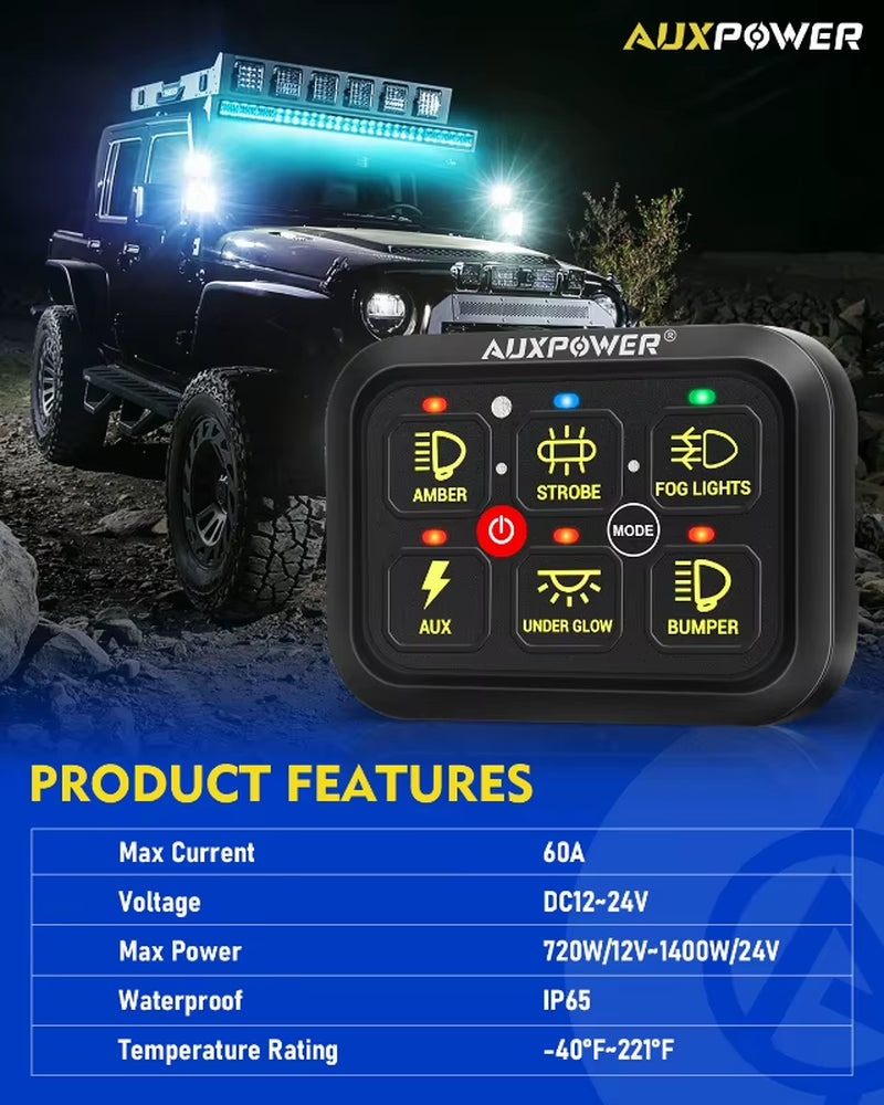 RGB 6 Gang Switch Panel 12V 24V LED Background Light On-Off Switch Controller for Car ATV Boat (Without App)