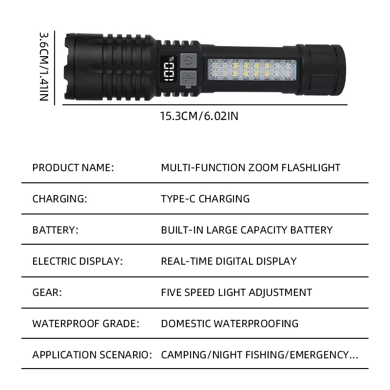 Portable Rechargeable High Power LED Flashlights with Display Screen Zoom Tactical Torch Lamp with Emergency Side Lights Lantern