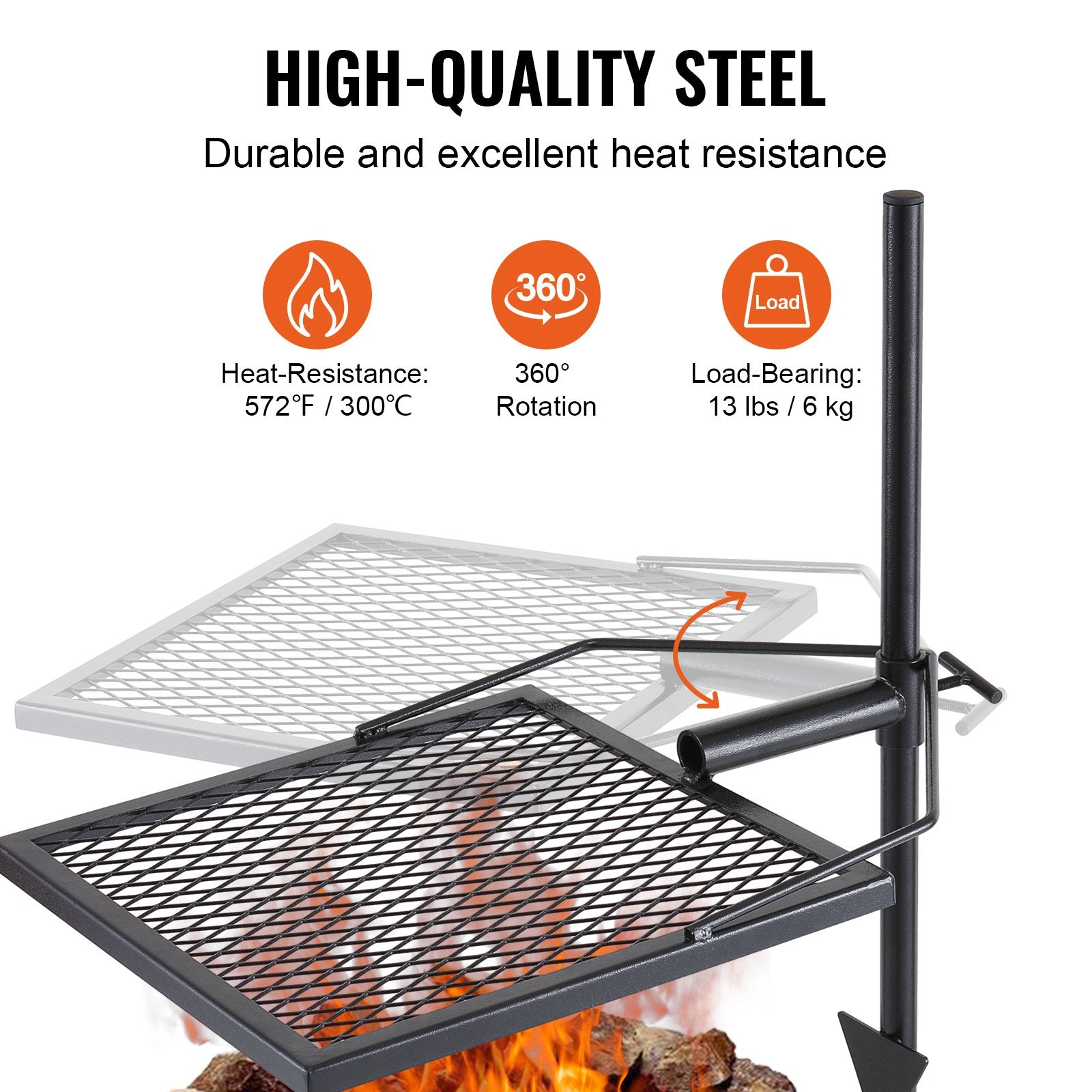 VEVOR Swivel Campfire Grill, Fire Pit Grill Grate over Fire Pits, Heavy Duty Steel Grill Grates, 360Adjustable Open Fire Outdoor Cooking Equipment, Portable Camp Fire Racks for Camping Outdoor BBQ