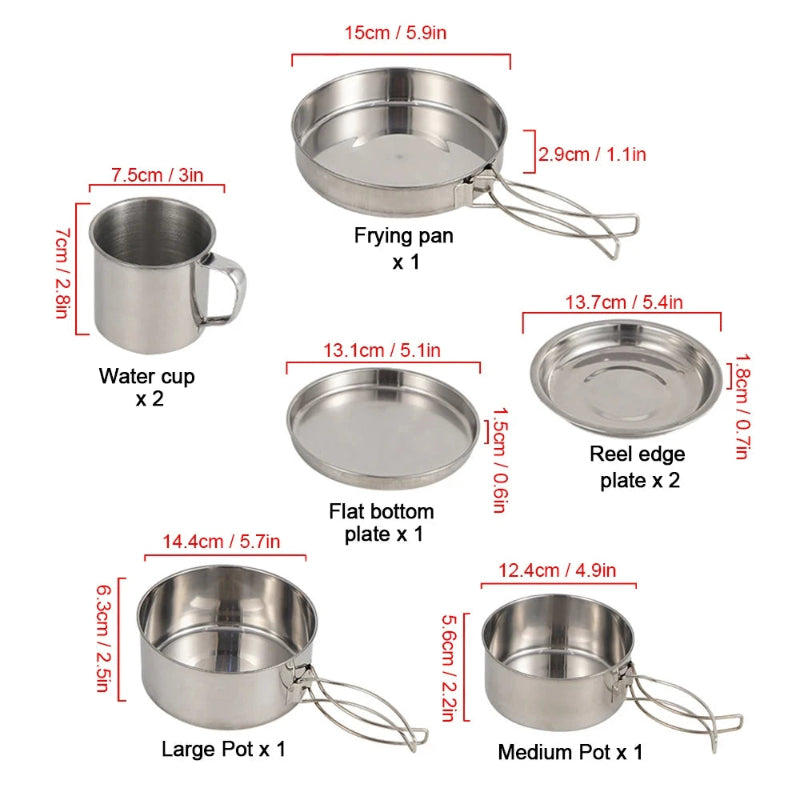 8Pcs/Set Camping Cookware Mess Kit Stainless Steel Cooking Pot and Pan Set with Plates Cups for Outdoor Hiking Backpacking