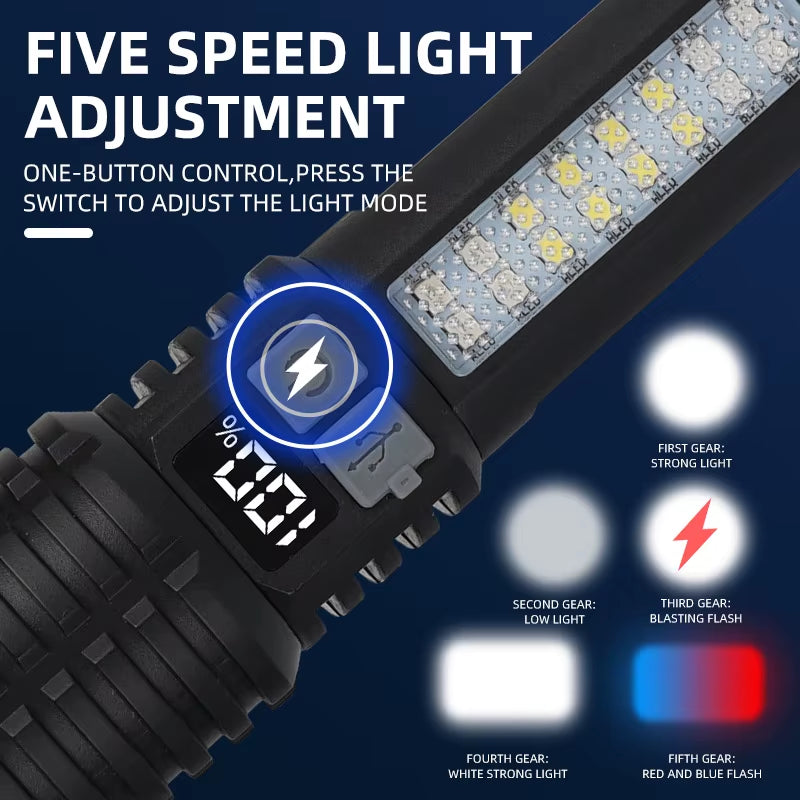 Portable Rechargeable High Power LED Flashlights with Display Screen Zoom Tactical Torch Lamp with Emergency Side Lights Lantern