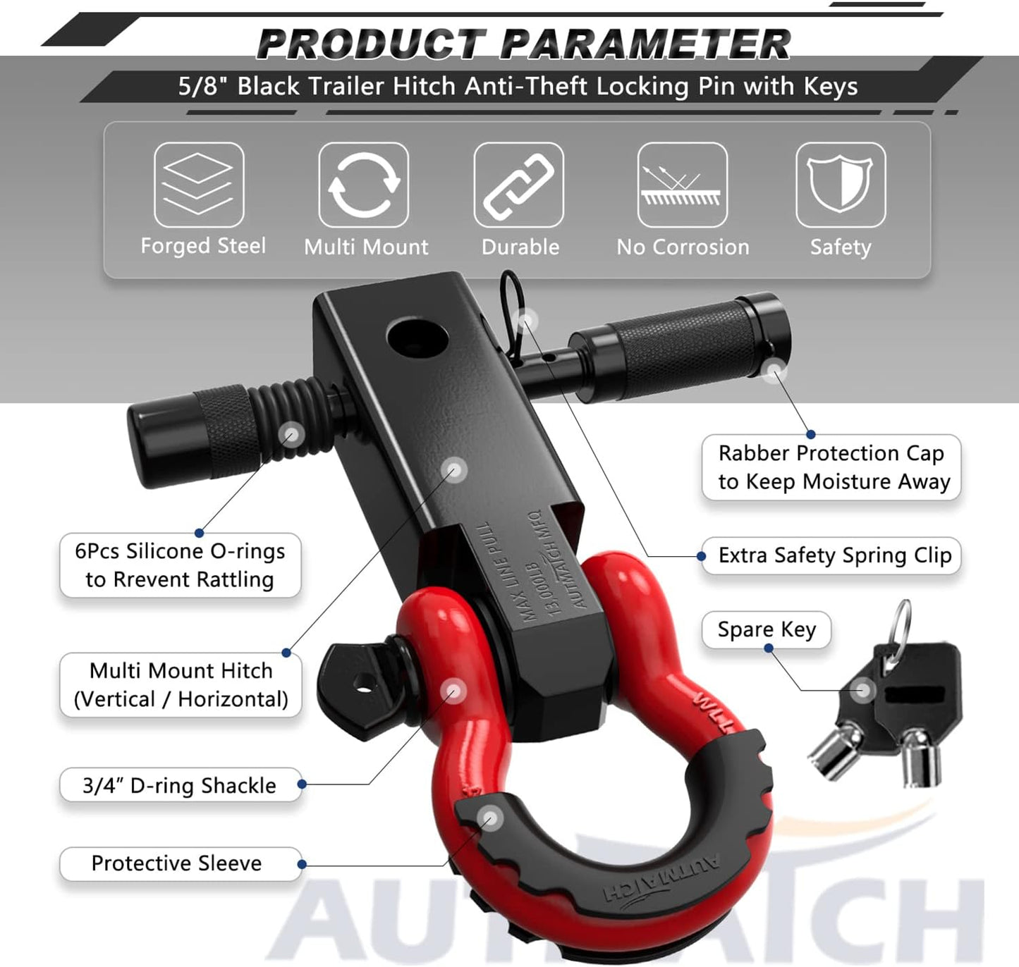 Shackle Hitch Receiver 2 Inch - 3/4" D Ring Shackle and 5/8" Trailer Hitch Lock Pin, 45,000 Lbs Break Strength Heavy Duty Receiver Towing Kit for Off-Road Vehicle Recovery, Black & Red