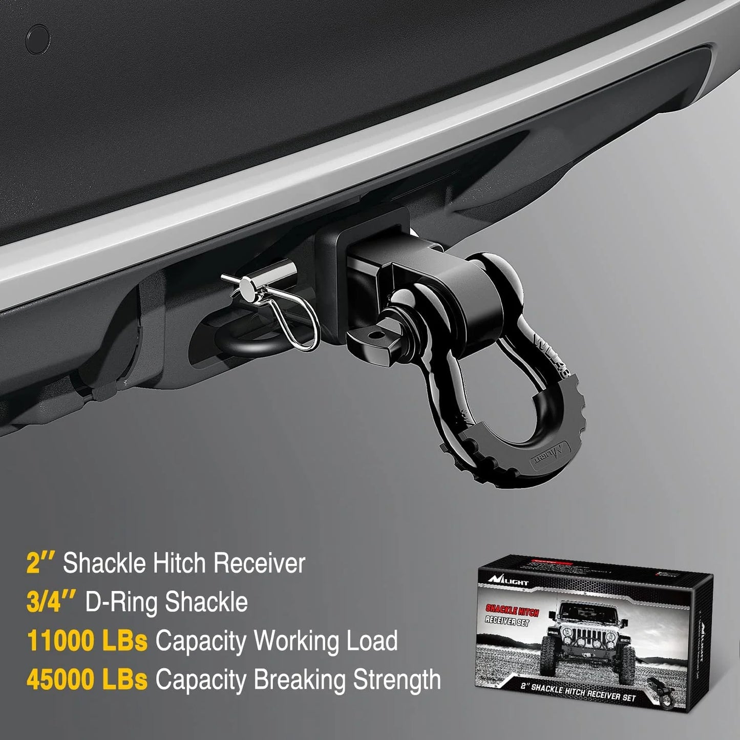 Shackle Hitch Receiver 2Inch 45000 Lbs Breaking Strength 3/4" D Ring Shackle W/Trailer Hitch Pin Heavy Duty Solid Recovery Towing Kit for Trucks Jeeps Off-Road