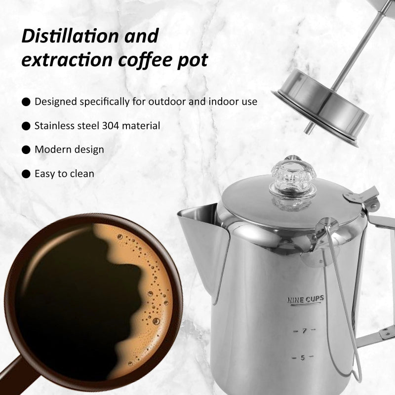 Stainless Steel Distillation and Extraction Coffee Pot Outdoor Camp Stovetop Coffee Maker with Filter Basket Clear Glass Knob