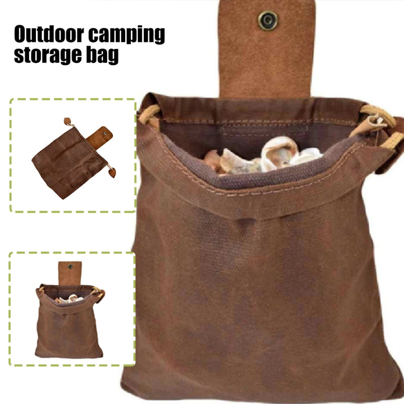 Waxed Canvas Foraging Pouch Collapsible Leather Outdoor Waist Belt Pocket with Drawstring for Hiking Beachcombing