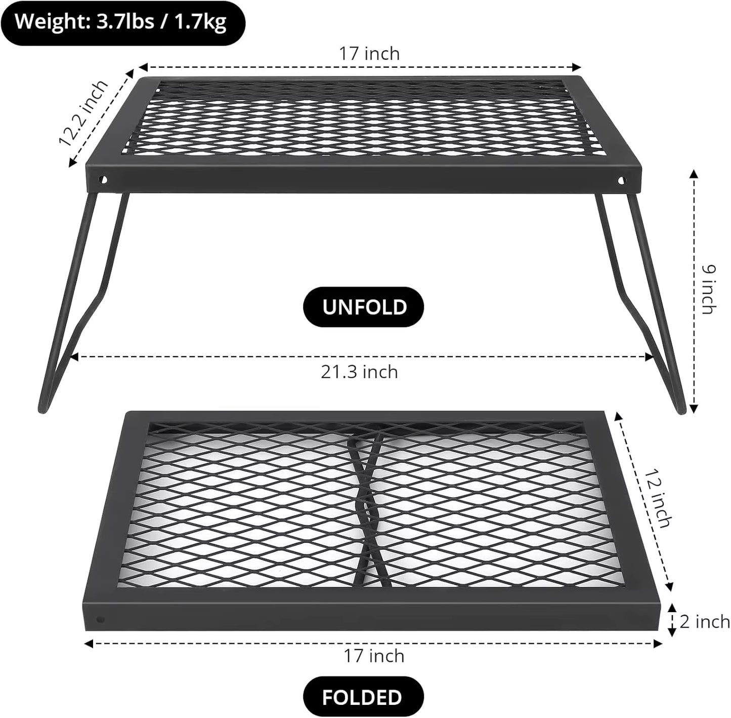 Folding Campfire Grill, Heavy Duty Steel Mesh Grate, Portable Camping Grates over Fire Pit, Camp Fire Cooking, Grilling Rack