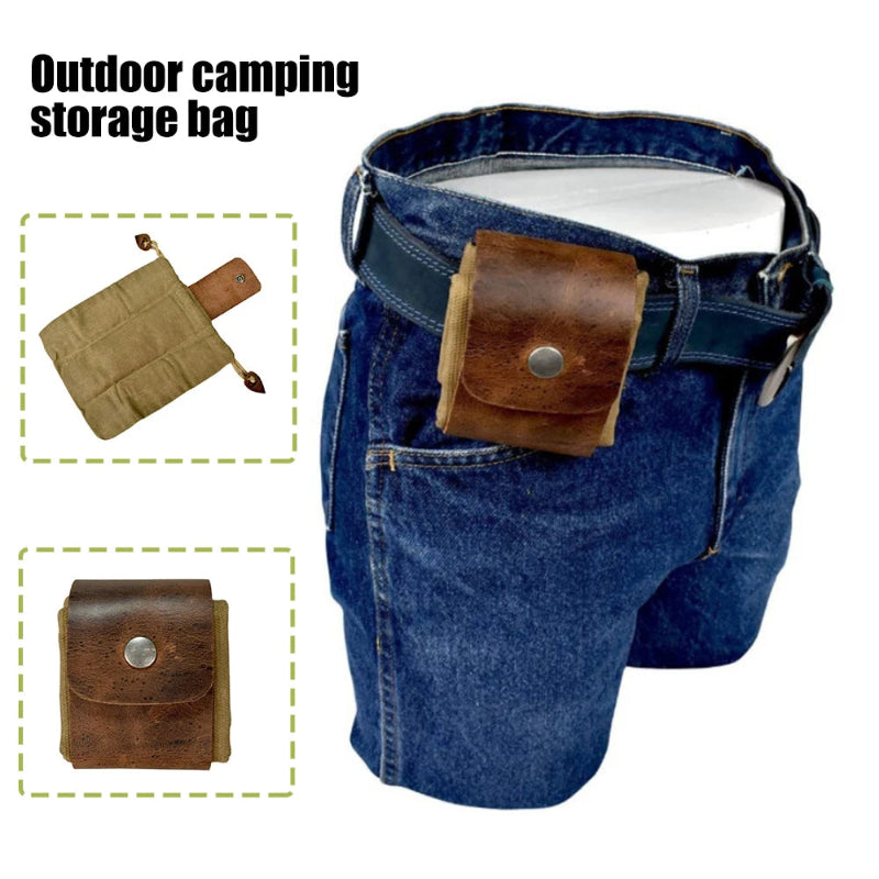 Waxed Canvas Foraging Pouch Collapsible Leather Outdoor Waist Belt Pocket with Drawstring for Hiking Beachcombing