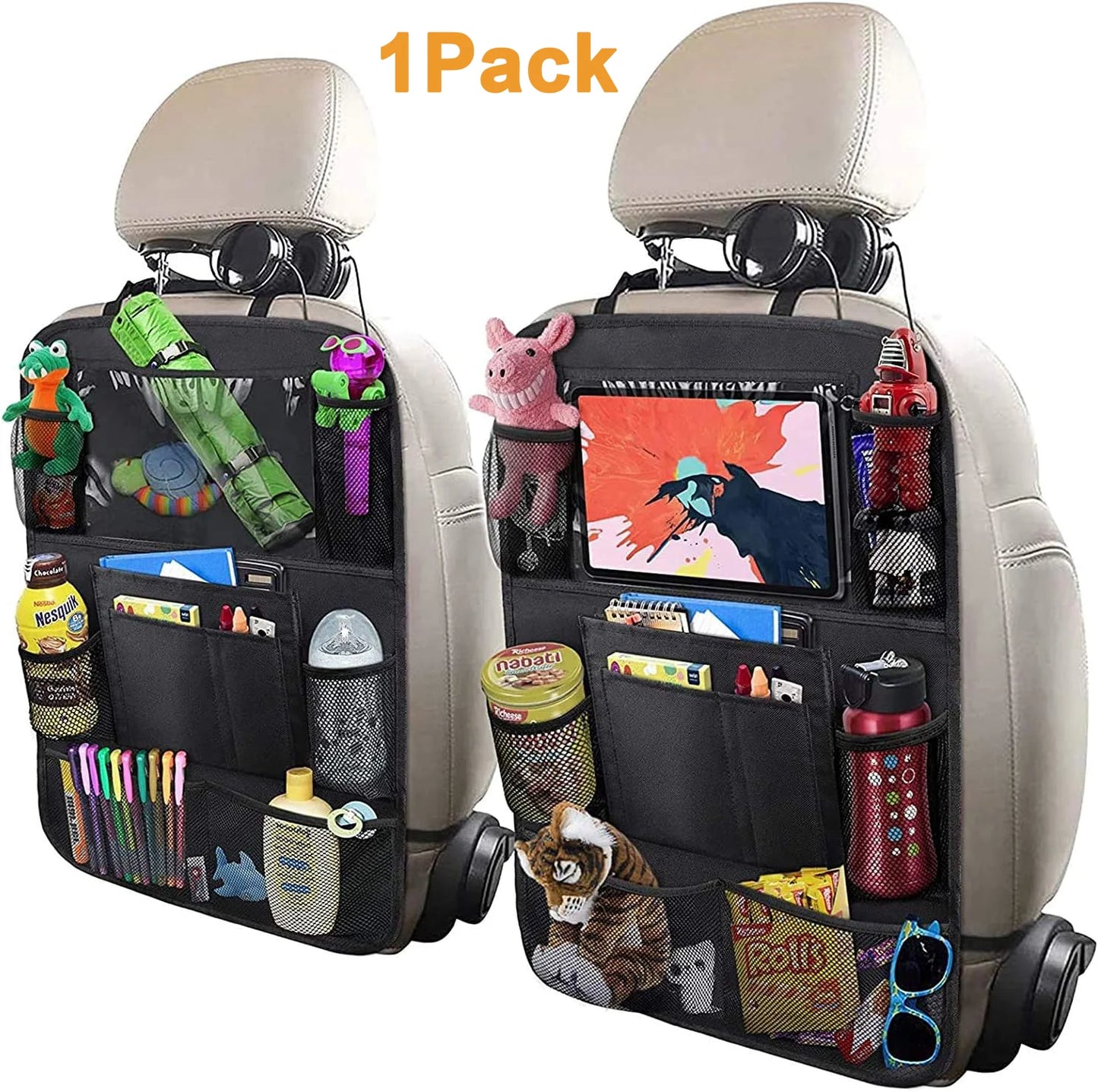 1 Pack Car Seat Organizer,Waterproof Car Storage Back Seat Organizer, 10 Storage Pockets Car Organizers, Heavy Duty Stain Resistant Kick Mats for Kids Truck,Interior,Vehicle