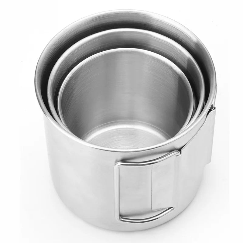 Stainless Steel Camping Cup 250/350/500Ml Portable Carabiner Cups Outdoor Water Cup Mug with Foldable Handle Kitchen Drinkware