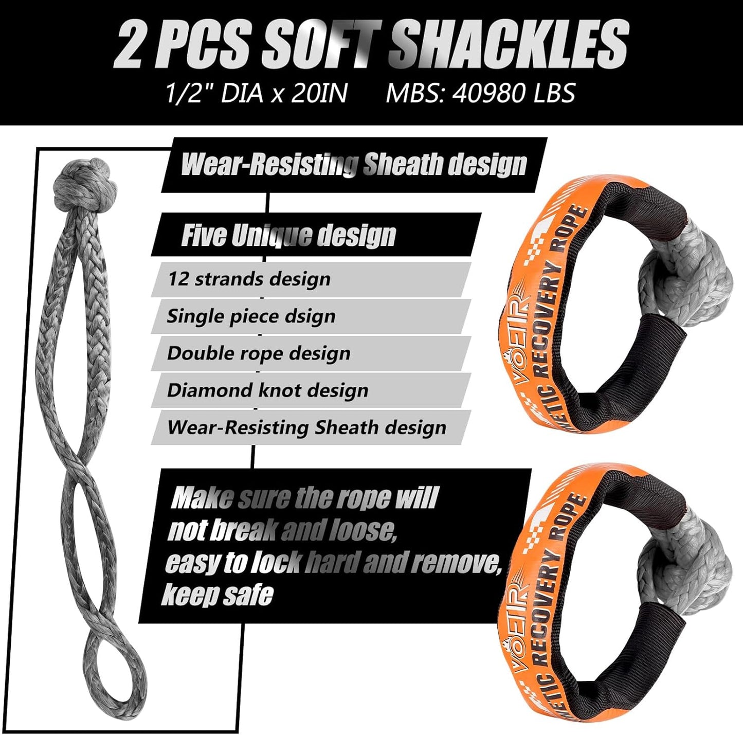 1-1/8'' X 30Ft Kinetic Recovery Rope, 40980Lbs Tow Strap Heavy Duty with 2 Soft Shackles, Offroad Recovery Kit Towing Strap for Trucks, Jeep, Vehicle, UTV, ATV, SUV