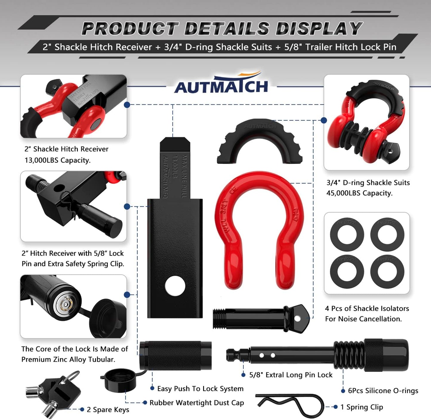 Shackle Hitch Receiver 2 Inch - 3/4" D Ring Shackle and 5/8" Trailer Hitch Lock Pin, 45,000 Lbs Break Strength Heavy Duty Receiver Towing Kit for Off-Road Vehicle Recovery, Black & Red