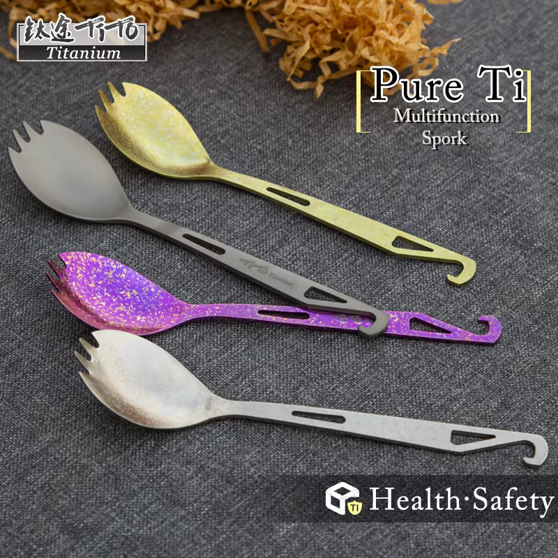 Tito Ice Flower Surface Outdoor Spork Titanium Camping Flatware Pure Titanium Spoon Fork with Bottle Opener Travel Backpacking