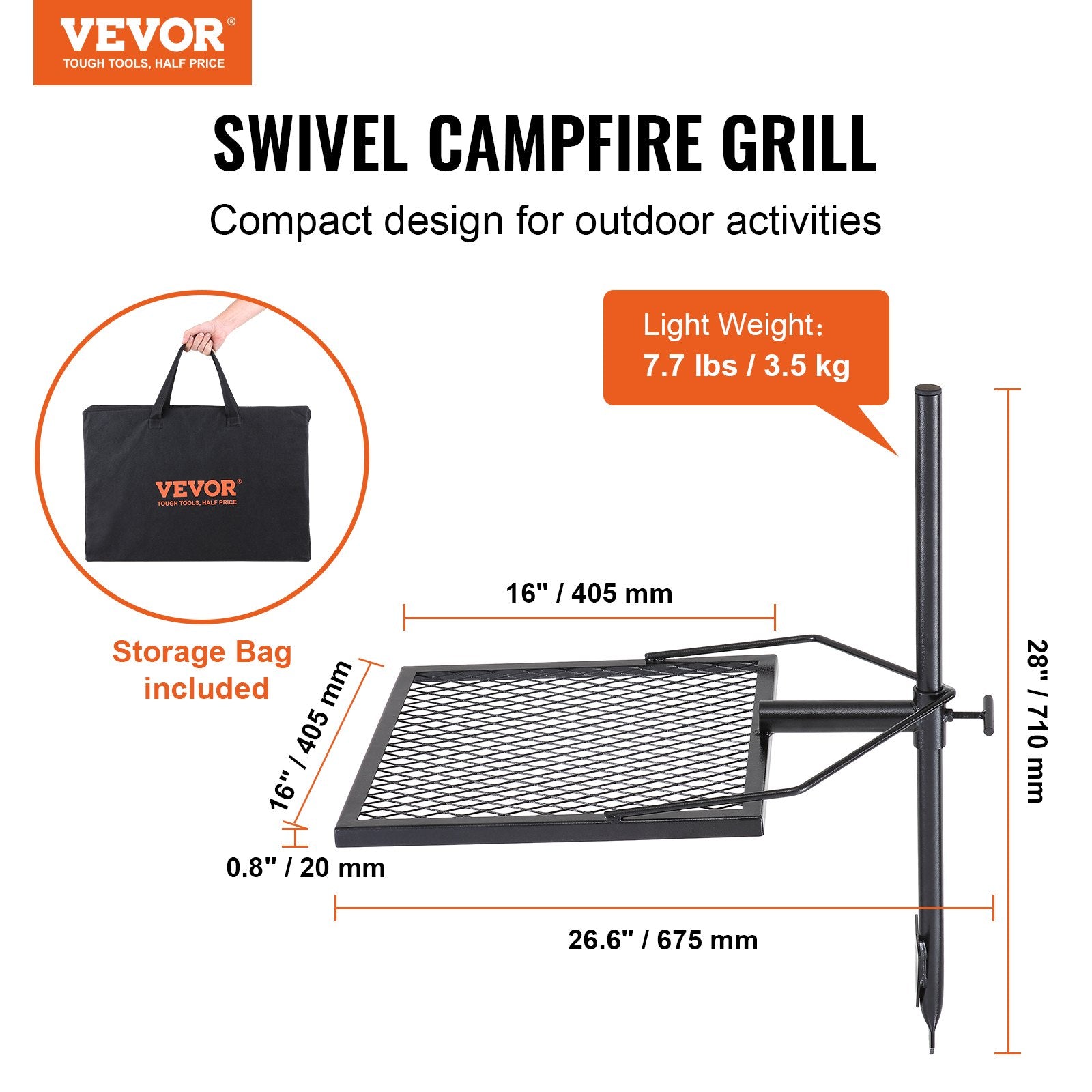 VEVOR Swivel Campfire Grill, Fire Pit Grill Grate over Fire Pits, Heavy Duty Steel Grill Grates, 360Adjustable Open Fire Outdoor Cooking Equipment, Portable Camp Fire Racks for Camping Outdoor BBQ