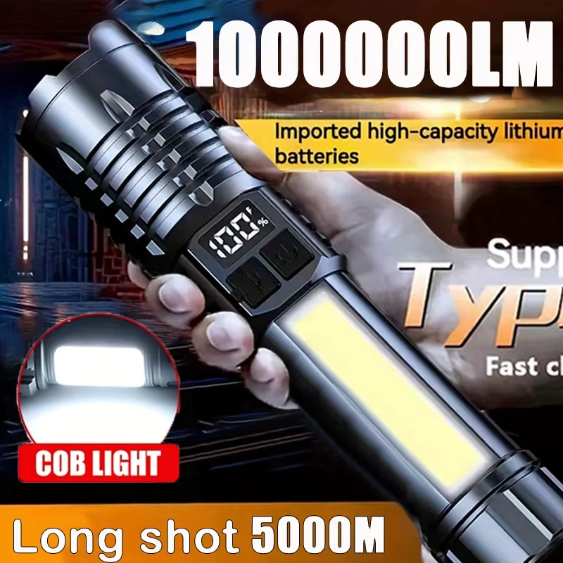 Portable Rechargeable High Power LED Flashlights with Display Screen Zoom Tactical Torch Lamp with Emergency Side Lights Lantern