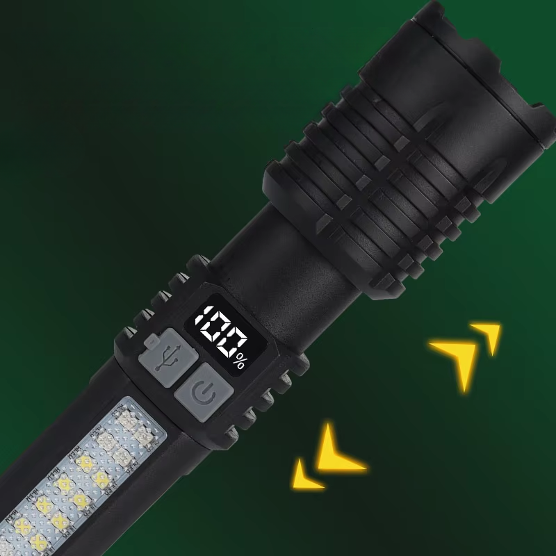 Portable Rechargeable High Power LED Flashlights with Display Screen Zoom Tactical Torch Lamp with Emergency Side Lights Lantern