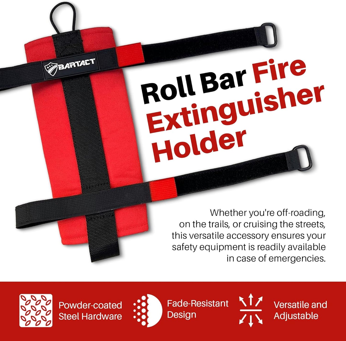 - 2.5 Lb Roll Bar Fire Extinguisher Mount for Vehicle Holder, Adjustable Fire Extinguisher Holder Mount, US Made Universal Vehicle Fire Extinguisher Holder Fits All Roll Bars (Red)