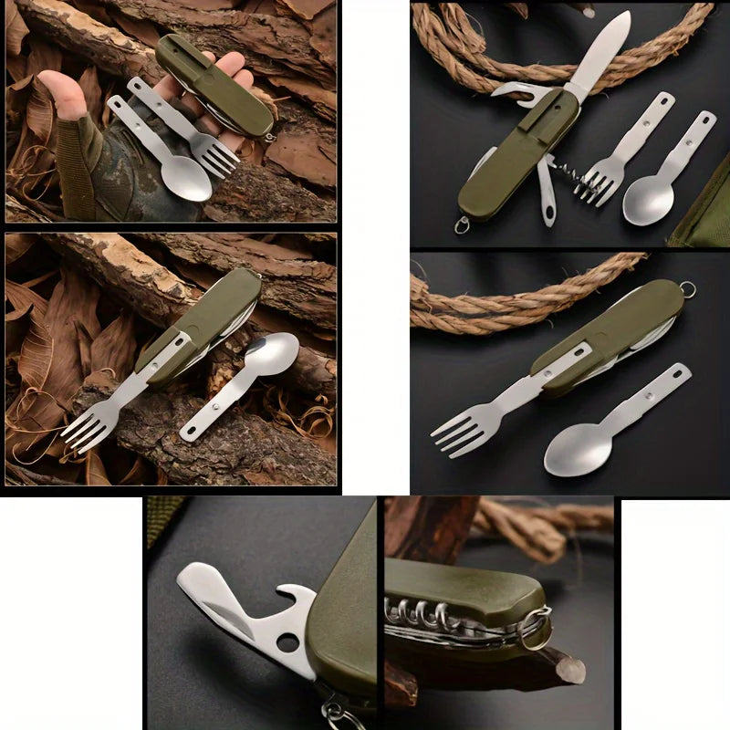 Stainless Steel 7-In-1 Multifunctional Tableware Set for Outdoor Activities - Perfect for Picnics, Camping, Hiking, and Travel