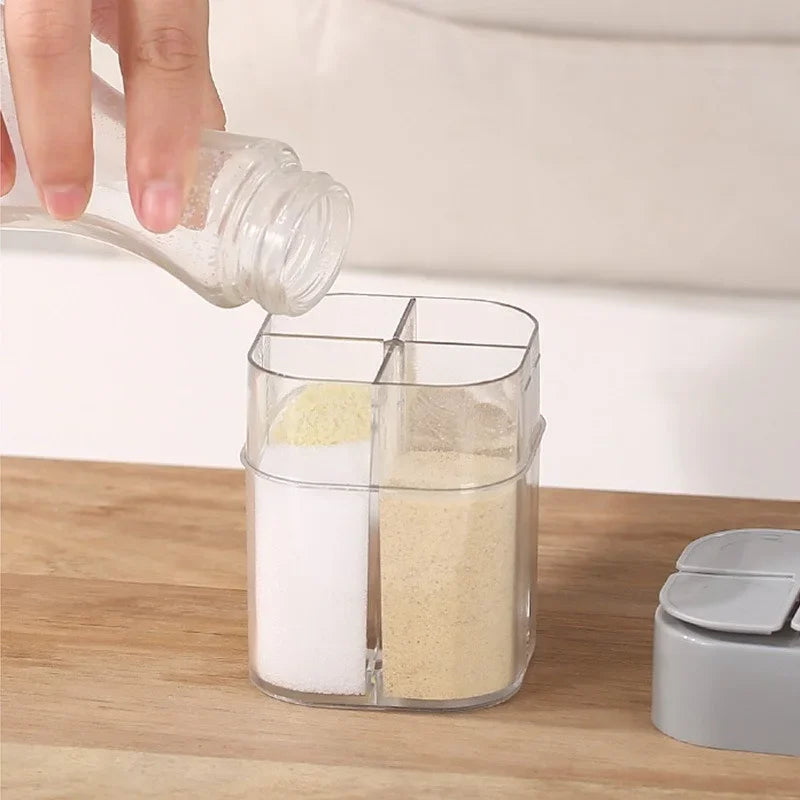4 in 1 Camping Seasoning Jar with Lid Transparent Spice Dispenser 4 Compartment Outdoor Cooking Barbecue Salt and Pepper Shaker