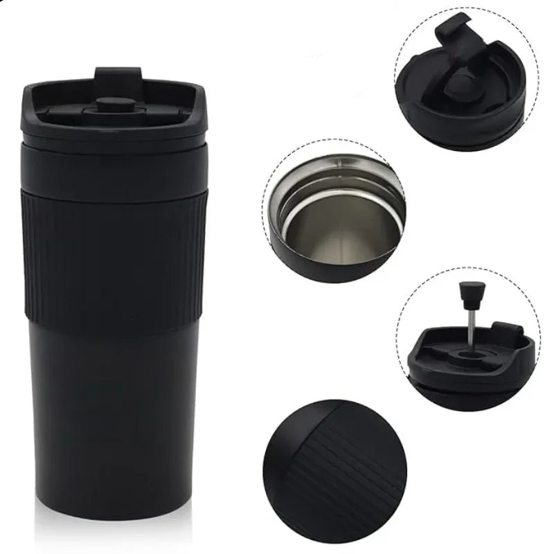 Portable Coffee Maker French Press Insulated Mug with Double Walled Insulated Vacuum Coffee Tea Thermos Mug for Travel Outdoor