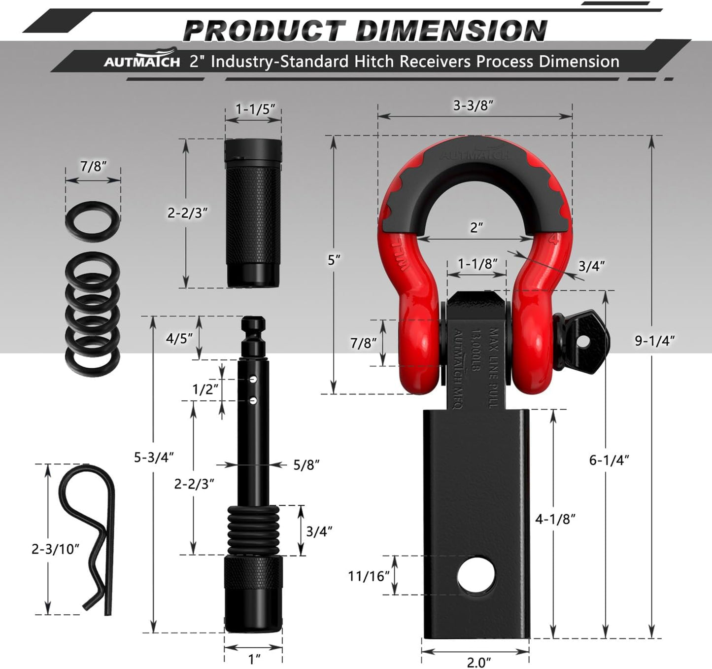 Shackle Hitch Receiver 2 Inch - 3/4" D Ring Shackle and 5/8" Trailer Hitch Lock Pin, 45,000 Lbs Break Strength Heavy Duty Receiver Towing Kit for Off-Road Vehicle Recovery, Black & Red