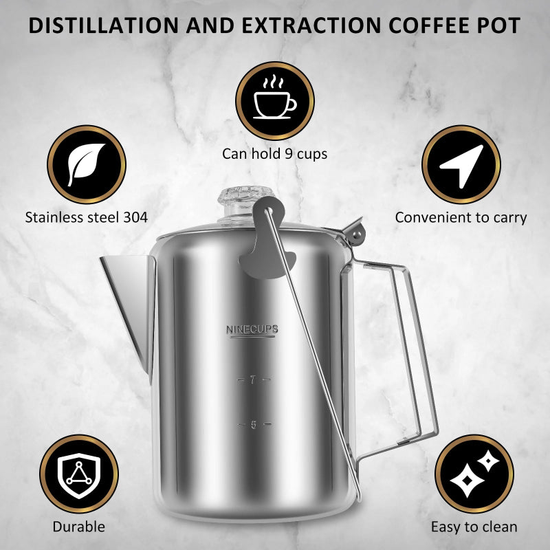Stainless Steel Distillation and Extraction Coffee Pot Outdoor Camp Stovetop Coffee Maker with Filter Basket Clear Glass Knob