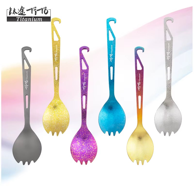 Tito Ice Flower Surface Outdoor Spork Titanium Camping Flatware Pure Titanium Spoon Fork with Bottle Opener Travel Backpacking