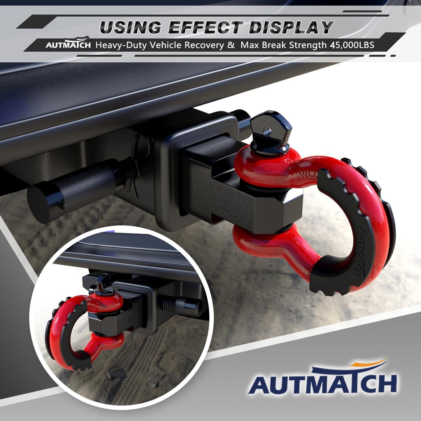 Shackle Hitch Receiver 2 Inch - 3/4" D Ring Shackle and 5/8" Trailer Hitch Lock Pin, 45,000 Lbs Break Strength Heavy Duty Receiver Towing Kit for Off-Road Vehicle Recovery, Black & Red