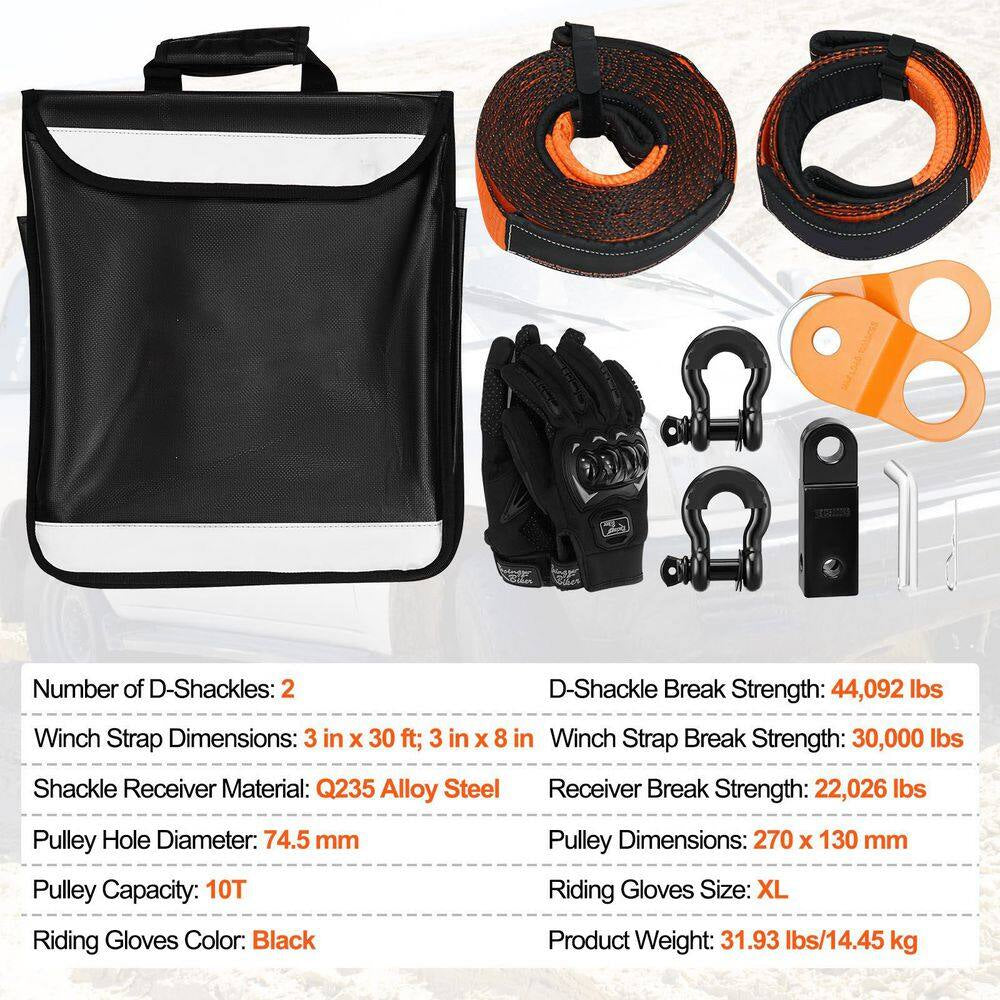 Off-Road Recovery Kit, 30000 Lbs. Tow Straps, 44092 Lbs. D-Ring Shackles, 3 In. X 30 Ft., Heavy Duty Winch Recovery Kit