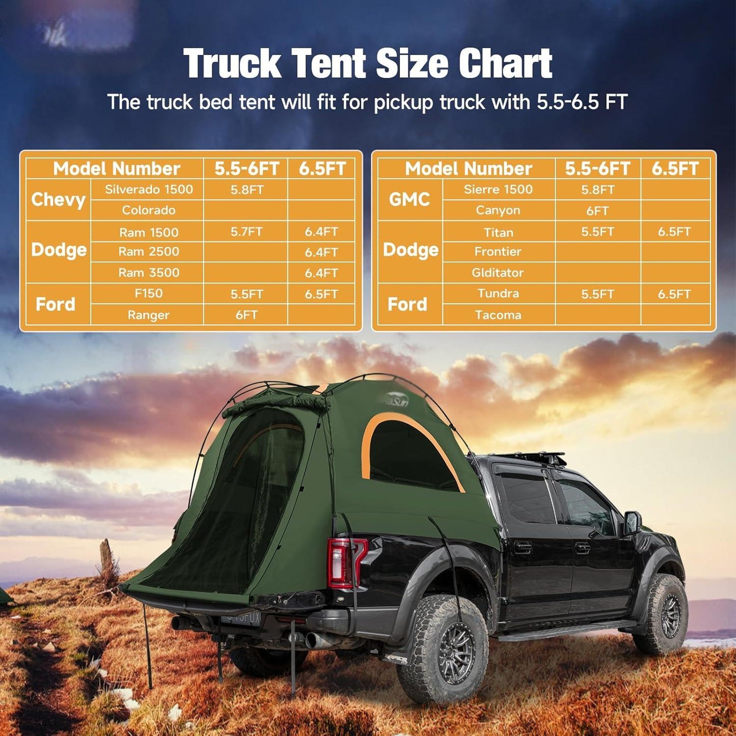 Truck Bed Tent Fit 5.5-5.8Ft Truck Bed Easy Setup for Camping, 3000Mm Waterproof Pickup Truck Tent for 2 Person