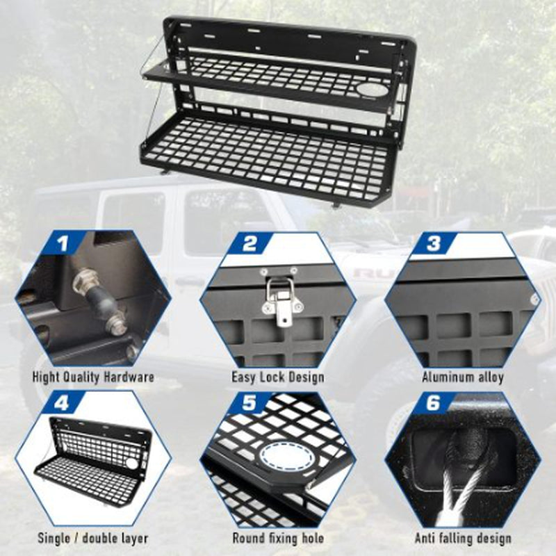 2-Tier Tailgate Table Rear Foldable Storage Cargo Rack Outdoor Camping Desk for 2007-2022 Jeep Wrangler JK&JL 4 Door