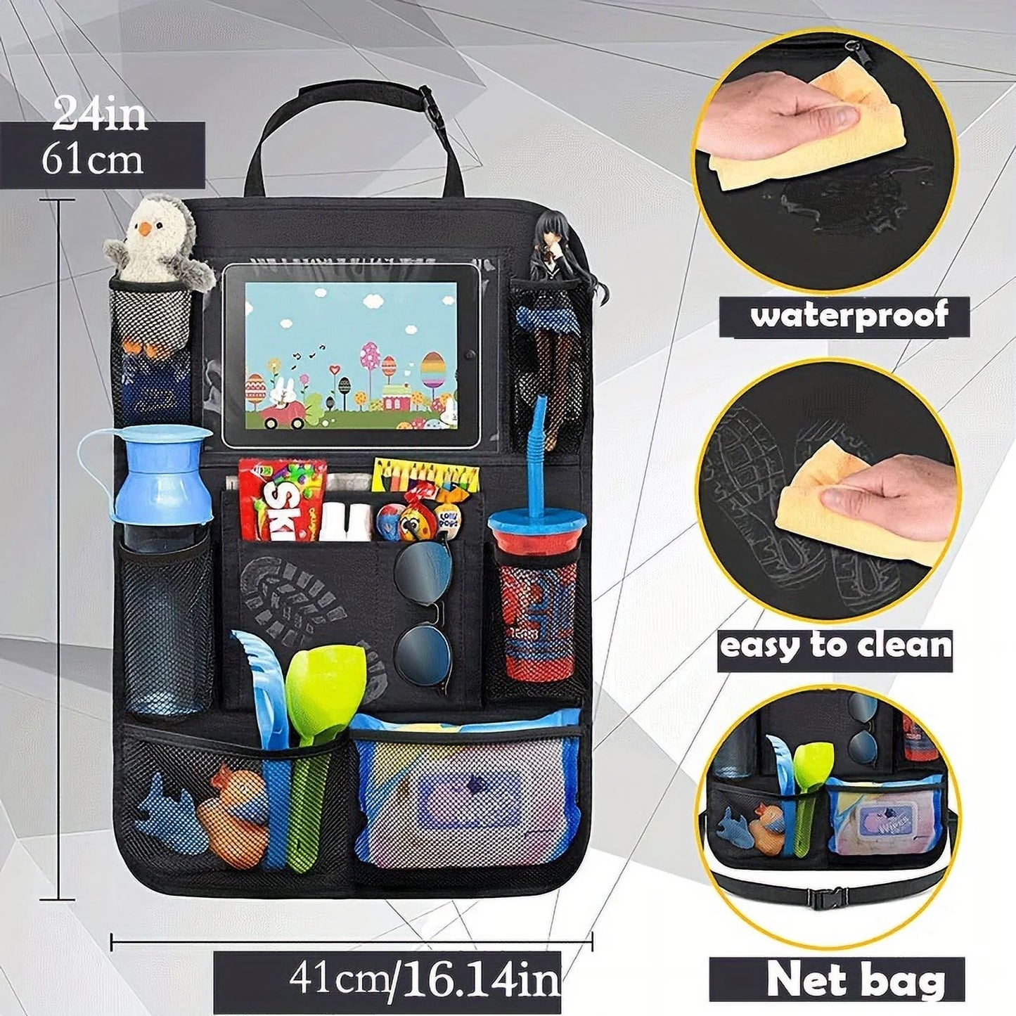1 Pack Car Seat Organizer,Waterproof Car Storage Back Seat Organizer, 10 Storage Pockets Car Organizers, Heavy Duty Stain Resistant Kick Mats for Kids Truck,Interior,Vehicle