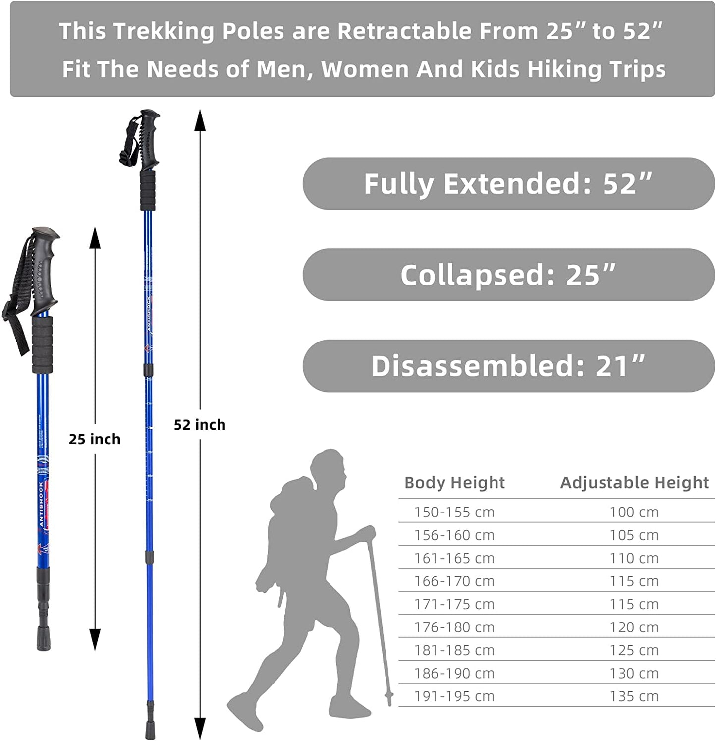 Hiking Trekking Poles, 2 Pack Collapsible, Lightweight, anti Shock, Walking Sticks, Adjustable Hiking Pole for Men and Women