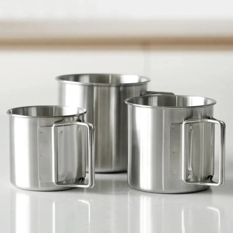 Stainless Steel Camping Cup 250/350/500Ml Portable Carabiner Cups Outdoor Water Cup Mug with Foldable Handle Kitchen Drinkware