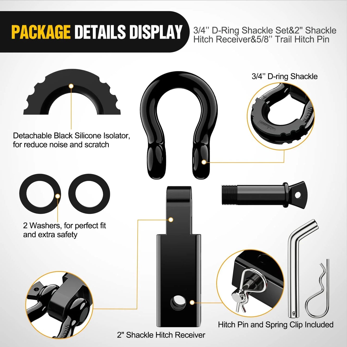 Shackle Hitch Receiver 2Inch 45000 Lbs Breaking Strength 3/4" D Ring Shackle W/Trailer Hitch Pin Heavy Duty Solid Recovery Towing Kit for Trucks Jeeps Off-Road