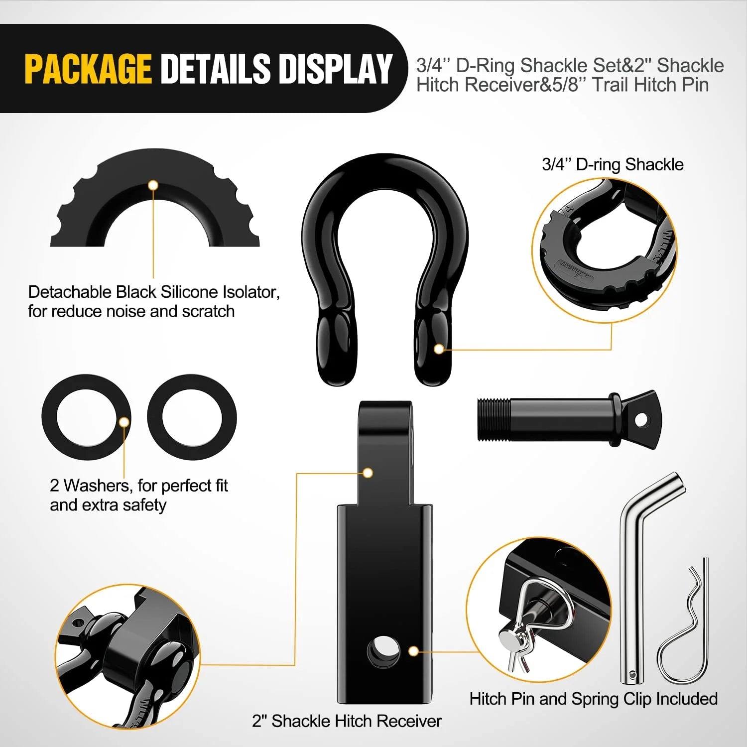 Shackle Hitch Receiver 2Inch 45000 Lbs Breaking Strength 3/4" D Ring Shackle W/Trailer Hitch Pin Heavy Duty Solid Recovery Towing Kit for Trucks Jeeps Off-Road