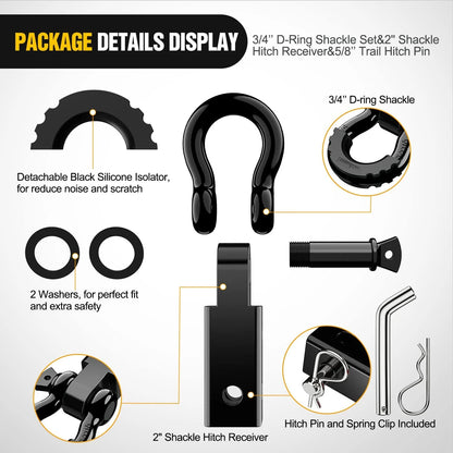 Shackle Hitch Receiver 2Inch 45000 Lbs Breaking Strength 3/4" D Ring Shackle W/Trailer Hitch Pin Heavy Duty Solid Recovery Towing Kit for Trucks Jeeps Off-Road