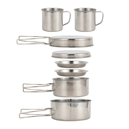 8Pcs/Set Camping Cookware Mess Kit Stainless Steel Cooking Pot and Pan Set with Plates Cups for Outdoor Hiking Backpacking