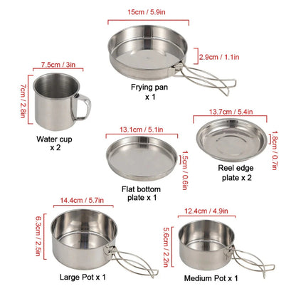 8Pcs/Set Camping Cookware Mess Kit Stainless Steel Cooking Pot and Pan Set with Plates Cups for Outdoor Hiking Backpacking