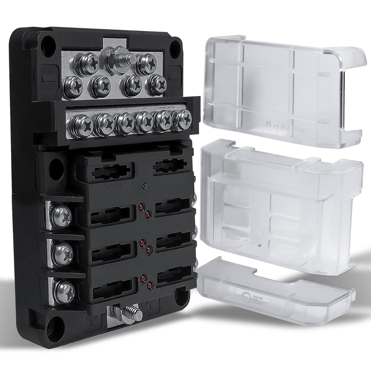 True Mods 6 Way Fuse Box with 12 Ground Negative Busbar for Automotive [12V - 32V DC] [100 Amp Max] [Modular Design] [ATC/ATO Fuses] [LED Indicator] Auto Marine Ground Fuse Block