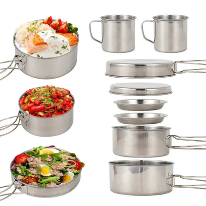 8Pcs/Set Camping Cookware Mess Kit Stainless Steel Cooking Pot and Pan Set with Plates Cups for Outdoor Hiking Backpacking