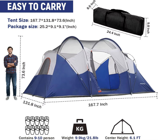 HIKERGARDEN 10 Person Camping Tent - Portable Easy Set up Family Tent for Camp, Windproof Fabric Dome Tent Outdoor for Hiking
