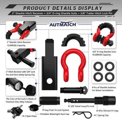 Shackle Hitch Receiver 2 Inch - 3/4" D Ring Shackle and 5/8" Trailer Hitch Lock Pin, 45,000 Lbs Break Strength Heavy Duty Receiver Towing Kit for Off-Road Vehicle Recovery, Black & Red