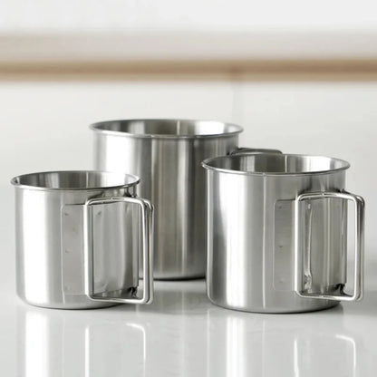 Stainless Steel Camping Cup 250/350/500Ml Portable Carabiner Cups Outdoor Water Cup Mug with Foldable Handle Kitchen Drinkware