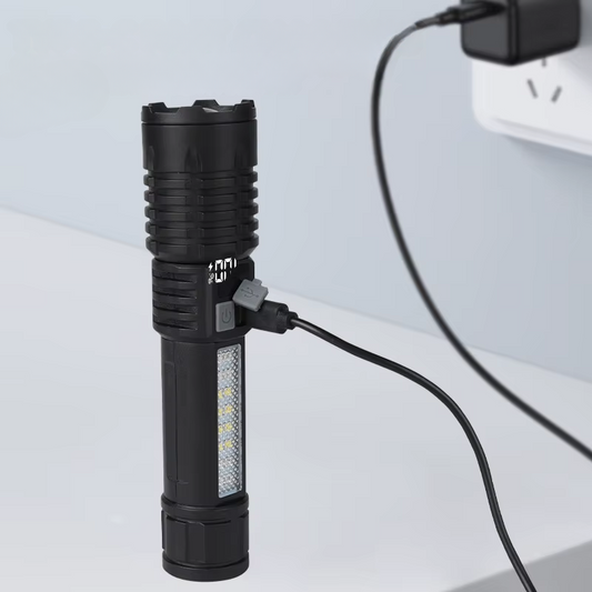 Portable Rechargeable High Power LED Flashlights with Display Screen Zoom Tactical Torch Lamp with Emergency Side Lights Lantern